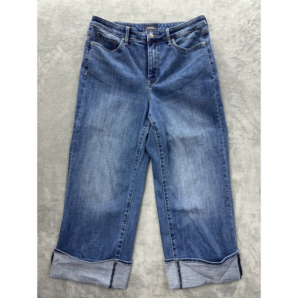 NYDJ Teresa Wide Leg Blue Jeans Women 10P Stretch Cuffed High Waist (Fits 32x26)